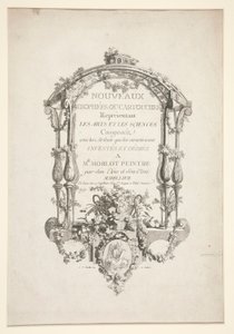 Pagina del titolo da Nouveaux Trophees ou cartouches rappresentant les arts et les sciences da Clément Pierre Marillier