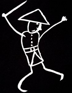 Personaggio con cappello, uniforme e ali. Disegno anime di Emile Cohl (1857-1938) in bianco su nero da Cohl