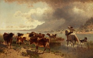 Mandria di bovini sulla riva di un lago