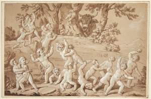 Un grande gruppo di putti terrorizzati dall