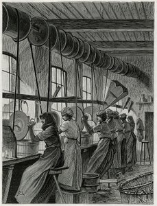 Un laboratorio femminile alla vetreria di Val Saint Lambert. Incisione di C.Meunier per illustrare il racconto “Il Belgio”, di Camille Lemonnier (1844-1913), scrittore e critico d