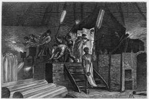 Dentro una vetreria, a Lodelinsart (o Lodlinsat, nella città di Charleroi). Incisione di Constant Meunier, per illustrare la storia 