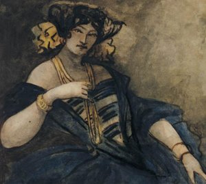 Donna seduta, elegantemente vestita, mezza figura