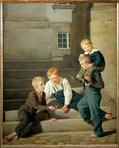 Ragazzi che giocano a dadi davanti al palazzo di Christiansborg a Copenaghen (dipinto su tela) da Constantin Hansen