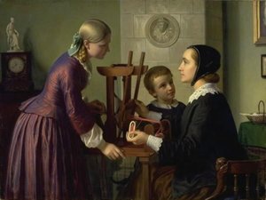 Una casalinga al suo telaio parla con due bambini da Constantin Hansen