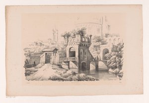 Ponte con torre coperta di vegetazione (serie: Il Paesaggio) da Constantinus Cornelis Huysmans