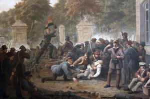 Barricata rivoluzionaria di fronte al Parco di Bruxelles durante i combattimenti tra ribelli belgi e forze olandesi nel 1830 da Constantinus Fidelio Coene