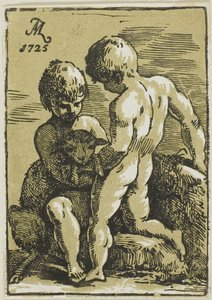 Due bambini che accarezzano un agnello da Conte Antonio Maria Zanetti the Elder