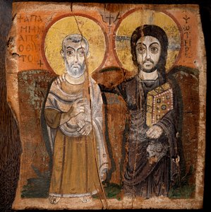 Arte copta: "Cristo e Abate Mena" San Mena (Minas, Mina, Mena, Mennas), martire egiziano del 3° secolo. Frammento di pittura su legno (tempera su fico) del 6° o 7° secolo Dim: 57x57cm. Dal sito di Baouit in Egitto da Coptic
