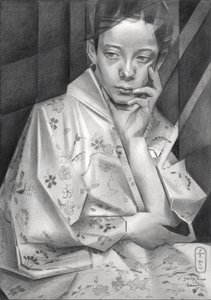 Ragazza in kimono pensierosa