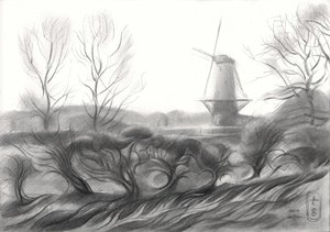 Disegno di un mulino a vento invernale
