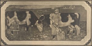 Fotoreproduzione di disegno con contadine e mucche per vetrata di Richard Roland Holst da Cornelis Albertus Deul