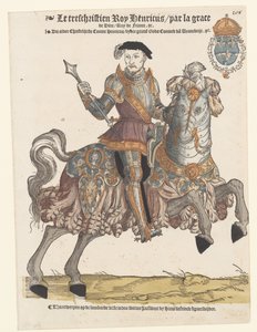 Ritratto di Enrico II di Francia in armatura a cavallo, verso destra