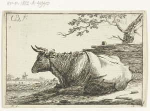 Paesaggio con mucca sdraiata con coperta sulla schiena da Cornelis  Bisschop