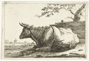 Paesaggio con mucca sdraiata con coperta sulla schiena da Cornelis  Bisschop