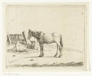 Paesaggio con cavallo e due mucche vicino a un cancello