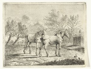 Paesaggio di pascolo con due cavalli vicino a un ponticello e una fattoria da Cornelis  Bisschop