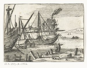 Veduta del porto con due velieri e un galeone, due uomini sulla banchina da Cornelis Bol (attributed to)