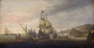 Battaglia navale tra navi da guerra olandesi e galeoni spagnoli da Cornelis Bol