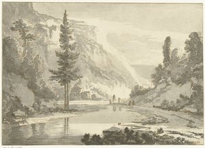 Paesaggio montano con pastori sulla riva di un fiume da Cornelis Brouwer