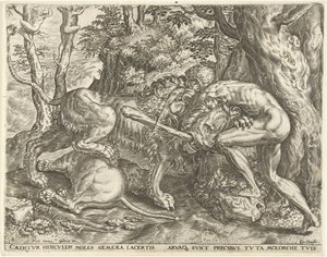 Ercole strangola il leone di Nemea (Le fatiche di Ercole) da Cornelis Cort