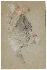 Uomo seduto che beve da un boccale di terracotta con in mano una pipa (gesso su carta) da Cornelis Dusart