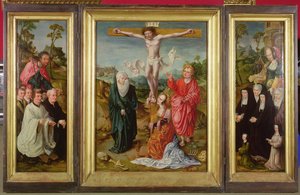 Trittico della Crocifissione: Santa Barbara con donatori (ala destra); San Giacomo Maggiore con donatori (ala sinistra); La Crocifissione (centro) da Cornelis Engebrechtsz