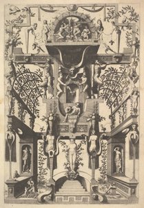 Struttura architettonica fantastica con lavori a cinghia e due pergole e una piccola scena con veduta da Cornelis Floris Ii