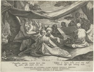 Compagnia musicale con uomo dietro il virginale da Cornelis Galle (I)