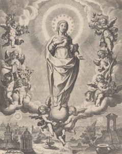 La Vergine in Gloria, in piedi sulle nuvole e circondata da angeli che tengono i simboli, 1595-1633 da Cornelis Galle I