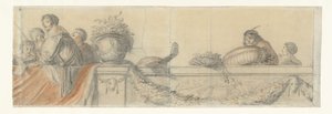 Persone su una balaustra con festoni (Ontwerpen voor wandschilderingen in kasteel Honselaersdijk) da Cornelis Holsteyn