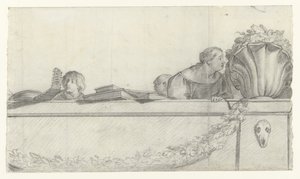 Persone su una balaustra con festoni (serie Progetti per affreschi nel castello di Honselaersdijk) da Cornelis Holsteyn