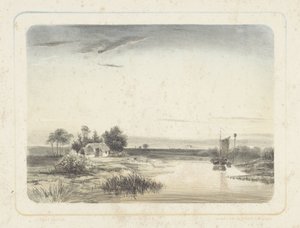 Paesaggio fluviale con casa e barca a vela da Cornelis Jan Bolt