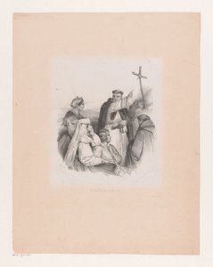Compagnia e monaci presso una croce