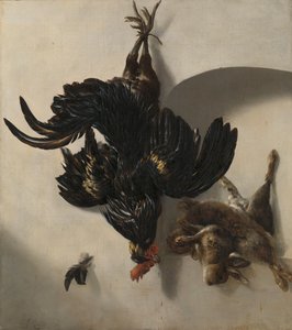 Natura morta con gallo nero e due conigli