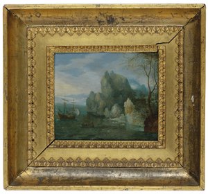 Paesaggio Costiero Roccioso con Figure sulla Riva e una Galea Ormeggiata da Cornelis Liefrinck