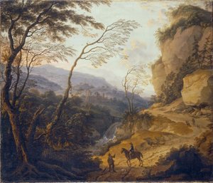 Olandese: Paesaggio montano con un cavaliere e un cacciatore in conversazione