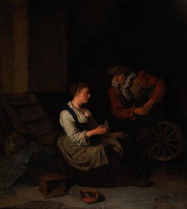 Un cavaliere e una donna alla ruota del filatoio, 1662