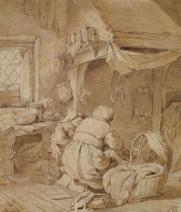 Salotto di una fattoria con contadino, culla e bambino, c.1654 da Cornelis Pietersz Bega