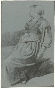 Donna seduta, rivolta a sinistra e con un cappello, con il braccio appoggiato sullo schienale di una sedia da Cornelis Pietersz. Bega