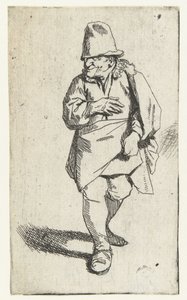 Uomo in piedi con cappello alto o berretto, mano destra sul petto da Cornelis Pietersz. Bega
