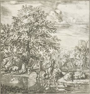 Pastore e pastorella con gregge presso un fiume da Cornelis Ploos van Amstel