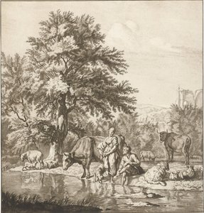 Pastore e pastorella con gregge vicino a un fiume (serie di stampe) da Cornelis Ploos van Amstel
