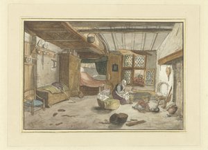 Interno con donna vicino alla culla