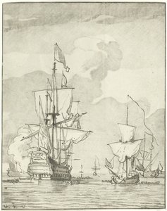 Nave da guerra che spara un colpo da Cornelis Ploos van Amstel
