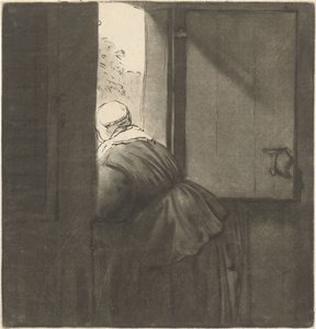 Donna appoggiata a una porta inferiore da Cornelis Ploos van Amstel