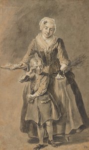 Una donna che mostra a un ragazzo piangente la sua scarpa di interruttori da Cornelis Troost