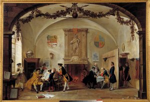 Allegoria della guerra contro la Francia. Soldati olandesi studiano strategie durante la Guerra di Successione Spagnola (1701-1714) tra Francia e Spagna e una coalizione formata da Inghilterra, Paesi Bassi e Prussia. L