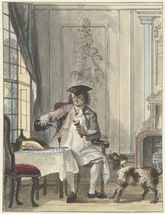 Uomo a Tavola con un Bicchiere di Vino e un Osso da Cornelis Troost