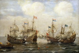 Uno scontro tra spagnoli e olandesi, intorno al 1630, ogni barca ha la sua bandiera, e sulla sinistra, una barca porta la bandiera degli Stati Generali olandesi